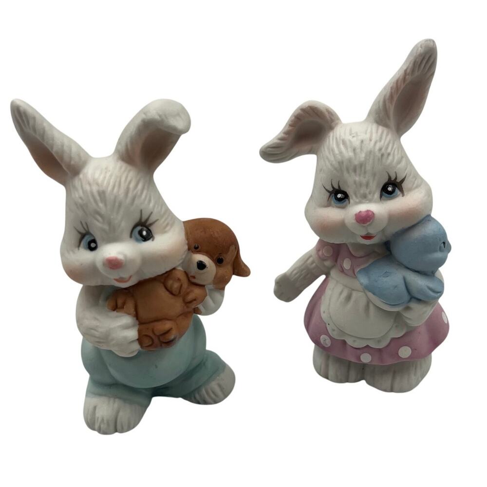 Vintage Set Ceramic Easter Bunny Rabbits Spring Decor Figurines Puppy Blue Bird